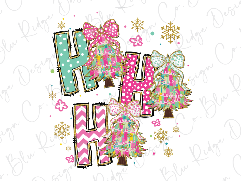 Colorful Faux Glitter Coquette Christmas Trees Ho Ho Ho Graphic T-Shirt