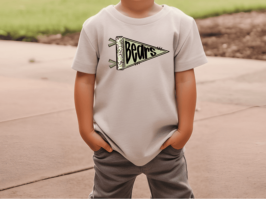 A child wearing a white t-shirt with a graphic of a flag and the word "Bears" printed on it.