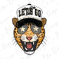 A cartoon image of a smiling leopard wearing a hat with the text "LET'S GO" and sunglasses.