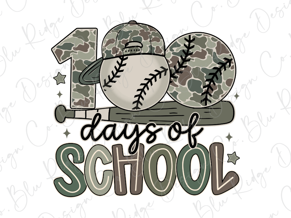 a baseball bat, baseballs, and a hat, with the text "100 days of school" written below them.