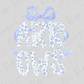 a floral pattern with the letters "AKR OMS" in a decorative font, accompanied by a blue ribbon bow.