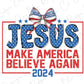 a red, white and blue shirt with the words jesus make america believe again