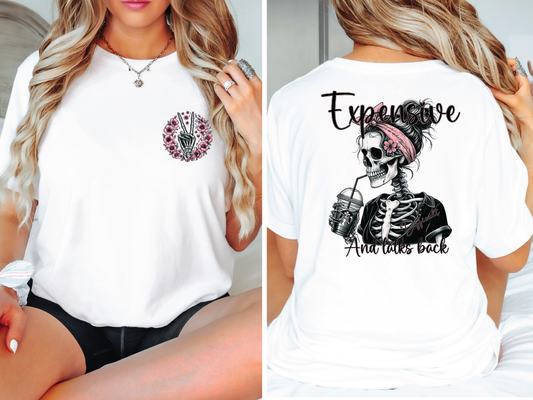 a woman wearing a white shirt with a skeleton on it