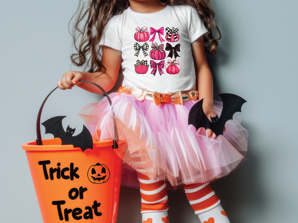 a little girl in a halloween costume holding a trick or treat bucket