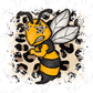 A cartoon-style bee with a yellow body and black stripes, wearing sunglasses and surrounded by a leopard print background.
