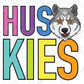 A colorful graphic design featuring the word "HUSKIES" with a wolf's head and star-shaped eyes.
