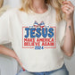 a woman wearing a t - shirt that says jesus make america believe again