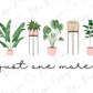 A collection of four potted plants with different types of foliage, arranged in a row, accompanied by the text "just one more" in a cursive font.
