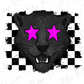 A stylized illustration of a black panther's face with pink star-shaped eyes, set against a black and white checkered background.