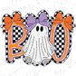 A Halloween-themed graphic design featuring a ghost with a purple bow, surrounded by orange and black checkered shapes.