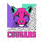 a stylized illustration of a cougar's face with a pink and purple color scheme, surrounded by a pattern of black and white polka dots. The word "COUGARS" is prominently displayed below the illustration.