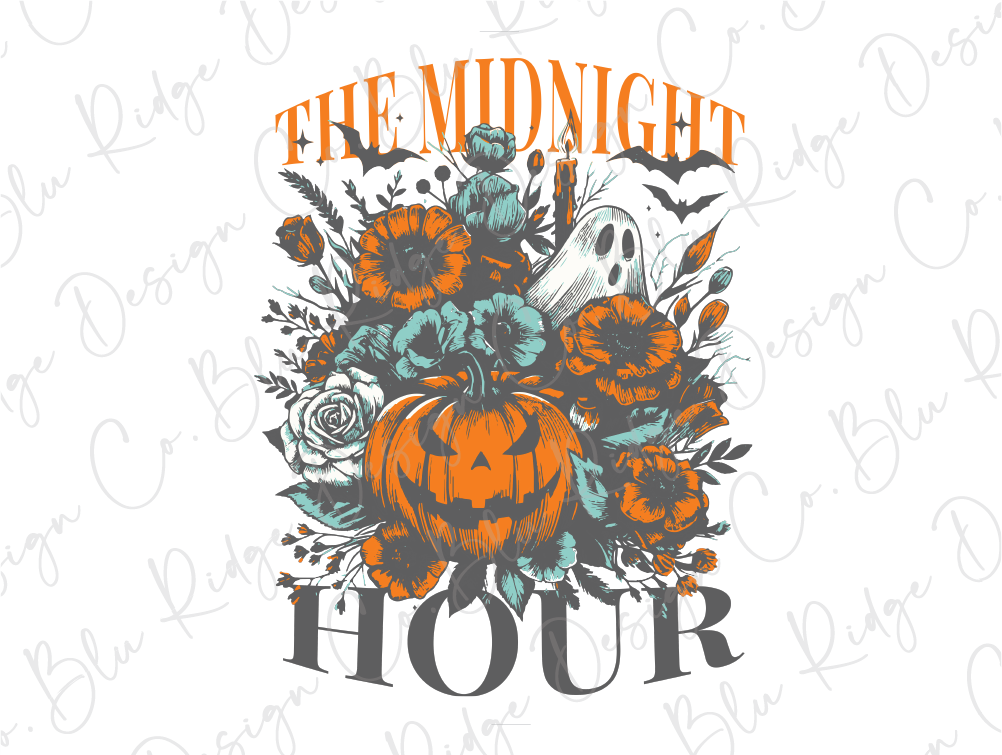 the midnight hour tour poster with pumpkins and flowers