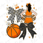 a cheerleader girl surrounded by various objects, including a basketball, a checkered bow, and a flower.