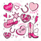 a set of pink and pink hearts, hats, and other items