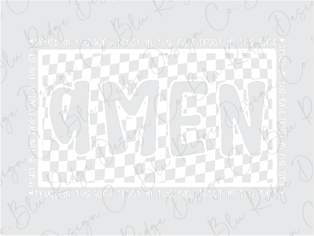 the word omen written in cursive writing on a checkered background