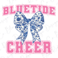 a large blue and white floral bow with the text "BLUE TIDE CHEER" written above it in pink letters.