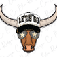 A cartoon illustration of a bull wearing a hat with the text "LET'S GO" and sunglasses with stars.