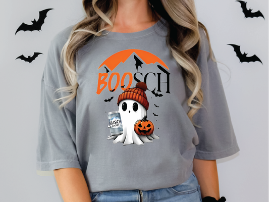 a woman wearing a booch halloween t - shirt