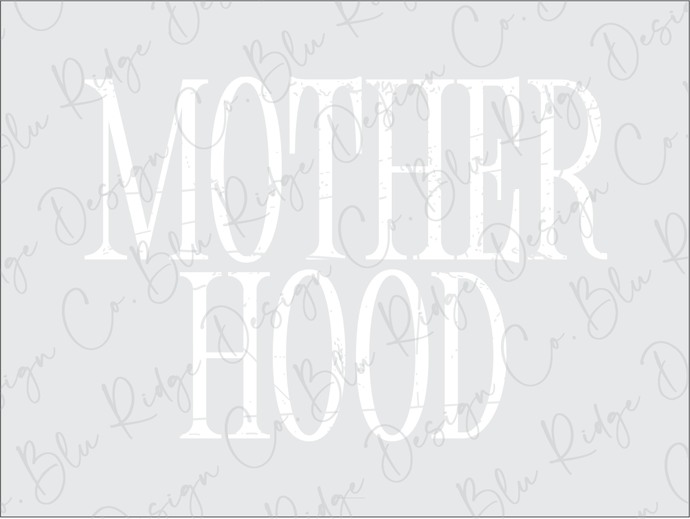 the word motherhood written in white on a gray background