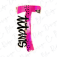 A pink and black stylized letter 'T' with a leopard print design element.