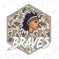 a Native American headdress with the word "Braves" written below it.