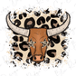 A stylized illustration of a bull's head with large horns and star-shaped eyes, set against a background of leopard print.