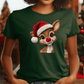 A woman wearing a green t-shirt with a Christmas-themed design of a smiling reindeer wearing a Santa hat.
