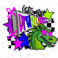 A colorful and vibrant illustration featuring a dragon-like creature surrounded by various shapes, including stars, lines, and text.