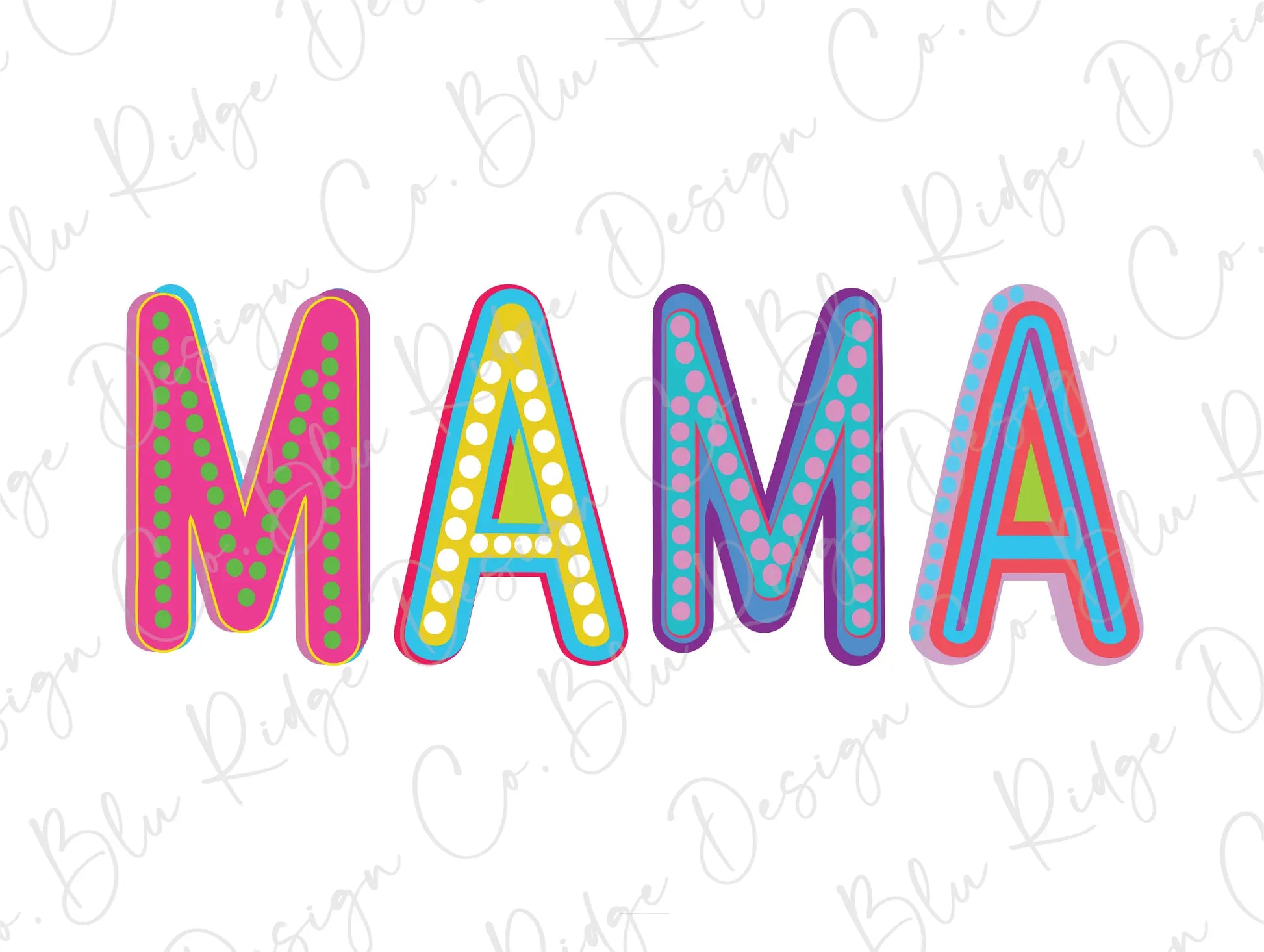 the word mama written in colorful letters on a white background