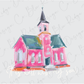 a drawing of a pink church with a steeple