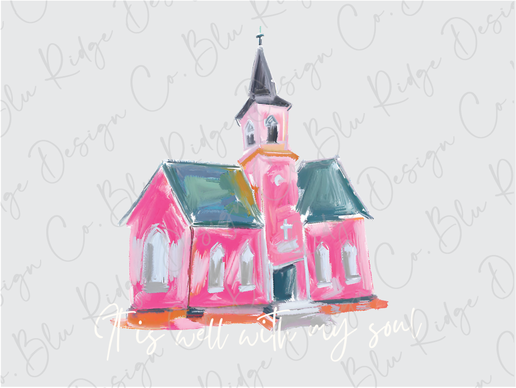 a drawing of a pink church with a steeple