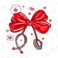 a red ribbon with a white nurse's cap on top, surrounded by various medical-related objects such as a stethoscope, hearts, and stars.