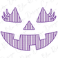 A purple Halloween-themed graphic design featuring a smiling jack-o-lantern face with striped patterns.