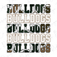 the word "Bulldogs" repeated in various sizes and orientations, creating a visually striking and textured effect.