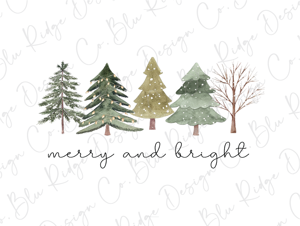 a merry and bright christmas card with trees