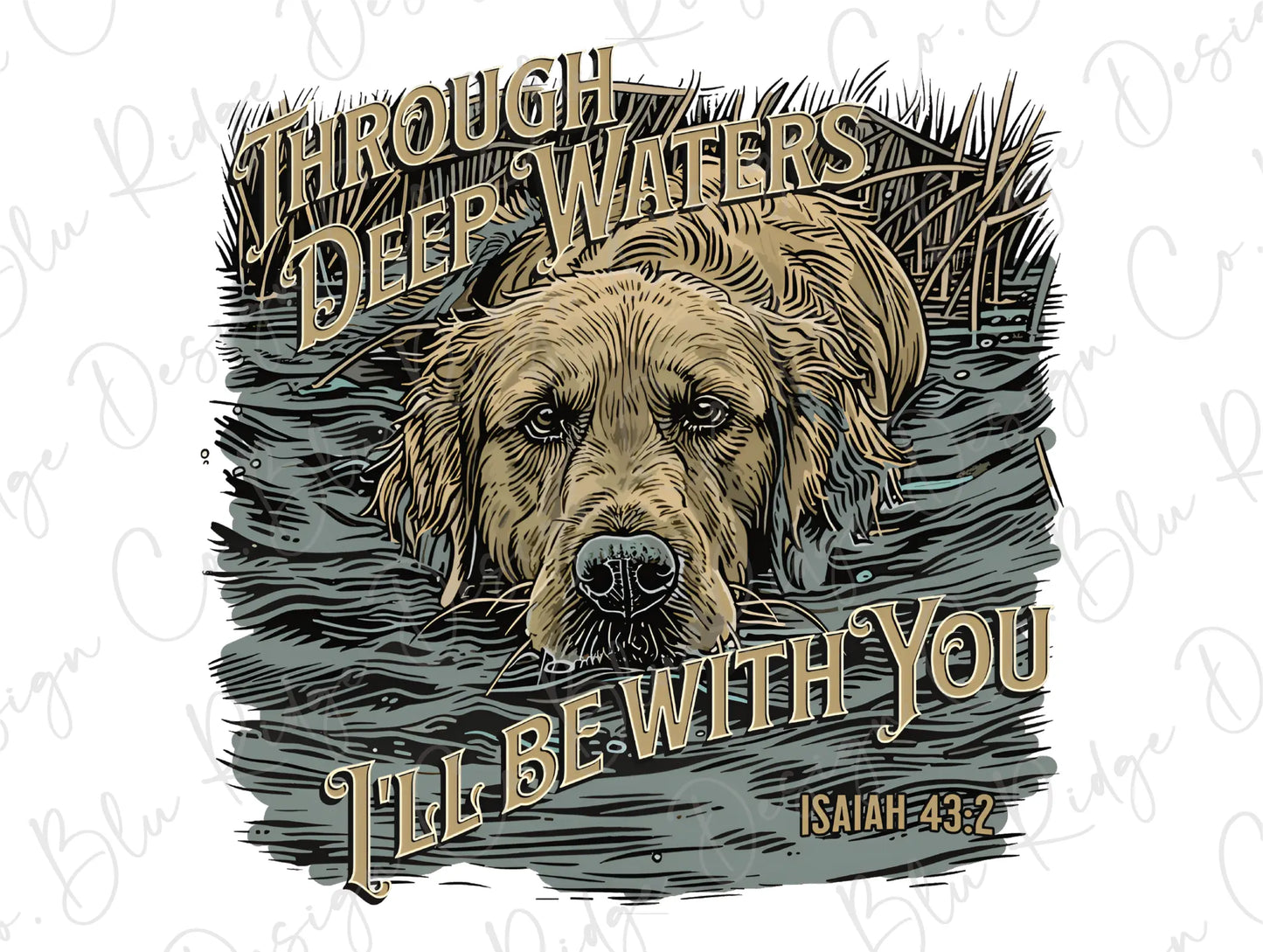 a drawing of a dog with the words through deep waters i'll be with