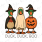 three ducks dressed in Halloween costumes, including a witch's hat, a ghost, and a carved pumpkin, with the text "Duck, Duck, Boo" below them.
