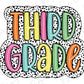 the word third grade is surrounded by polka dots