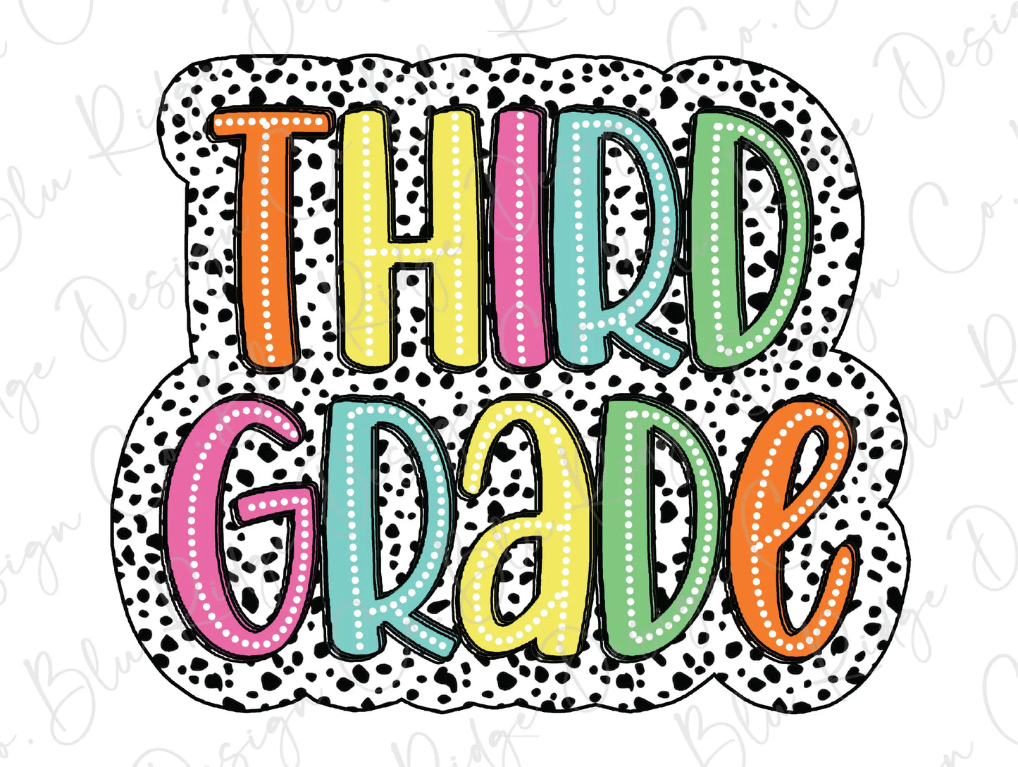 the word third grade is surrounded by polka dots