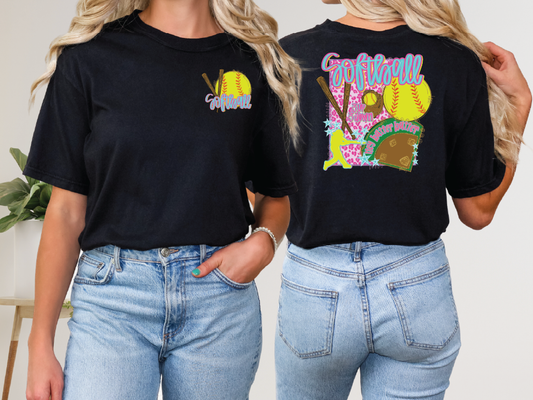 two women wearing black shirts with softballs on them