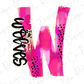 a large pink letter "W" with black polka dots and a stylized text "Wolves" written in a cursive font.
