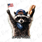 A raccoon wearing sunglasses, a hat, and holding a hot dog and an American flag, with the word "america" written below the image.