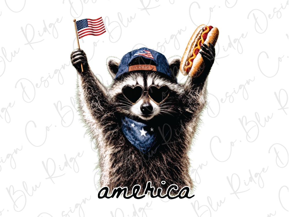 A raccoon wearing sunglasses, a hat, and holding a hot dog and an American flag, with the word "america" written below the image.