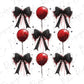 a bunch of red balloons with black bows