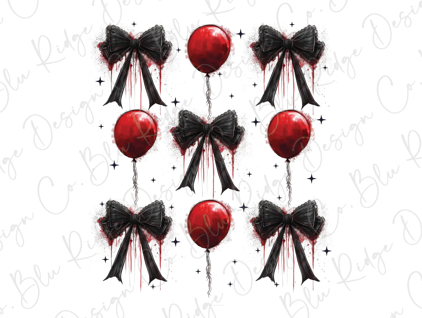 a bunch of red balloons with black bows