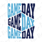 a white and blue poster with the words game day