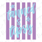 a purple and white striped background with the text "tanned & tipsy" written in a stylized font.