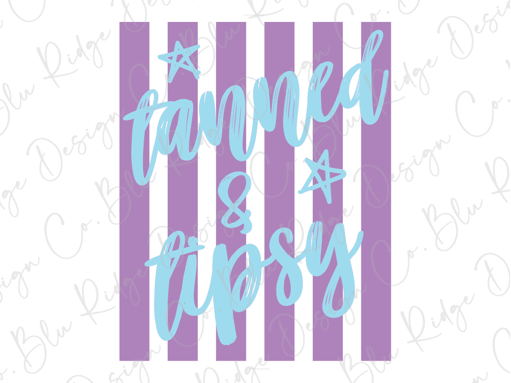 a purple and white striped background with the text "tanned & tipsy" written in a stylized font.