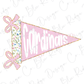 A pink triangular flag with the word "Cardinals" written on it, along with two pink bows.