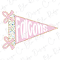 A pink triangular flag with the word "Falcons" written on it, along with two pink bows.